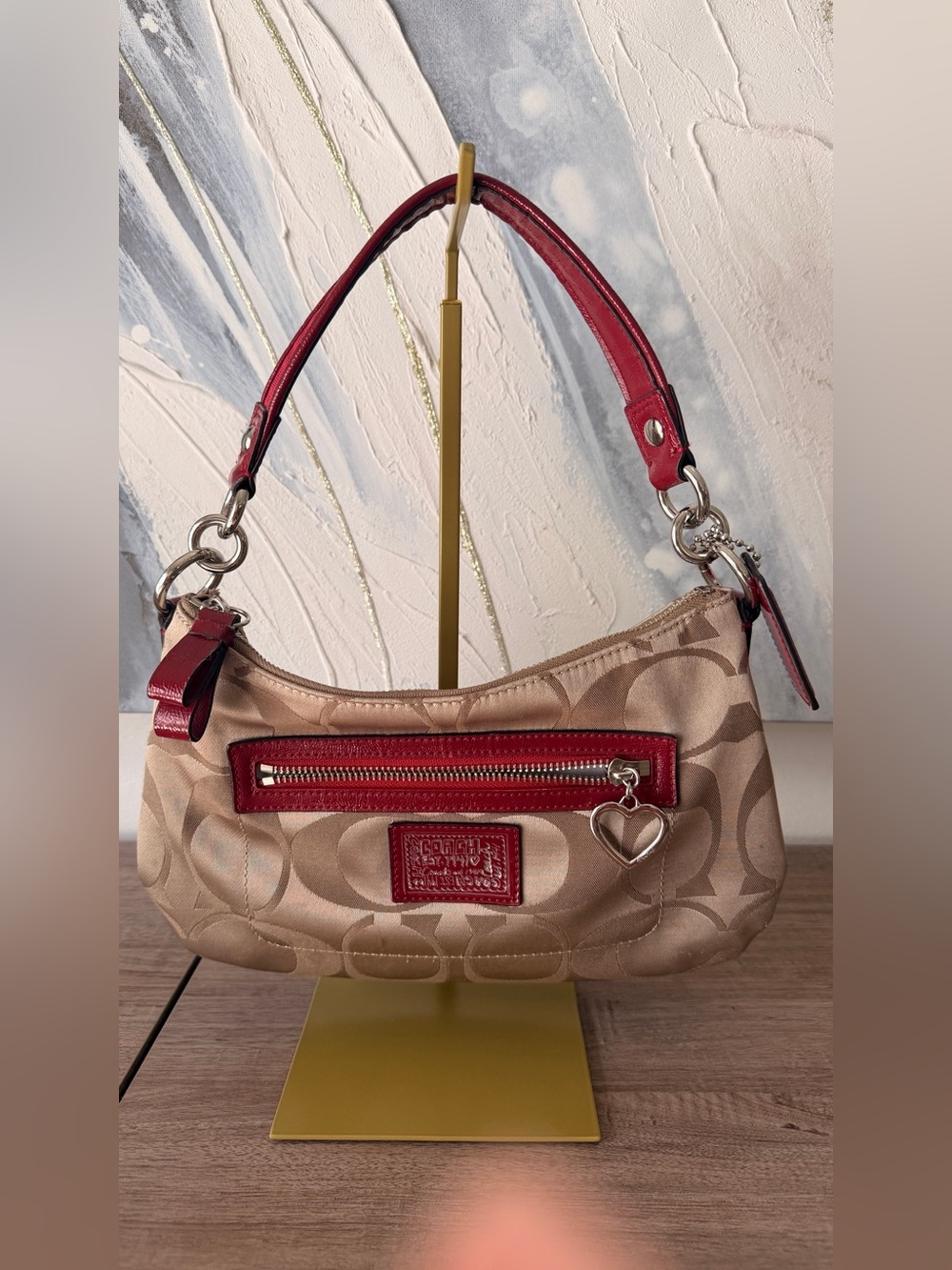 Coach Beige Signature Shoulder Bag with Red Trim and Heart Charm